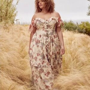 Torrid Romantic Floral Off-Shoulder Maxi Dress - Cream with Dusty Rose